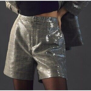 Anthropologie Maeve Plaid Sequin Shorts  Brown Motif Women's Size 0 Waist 26"